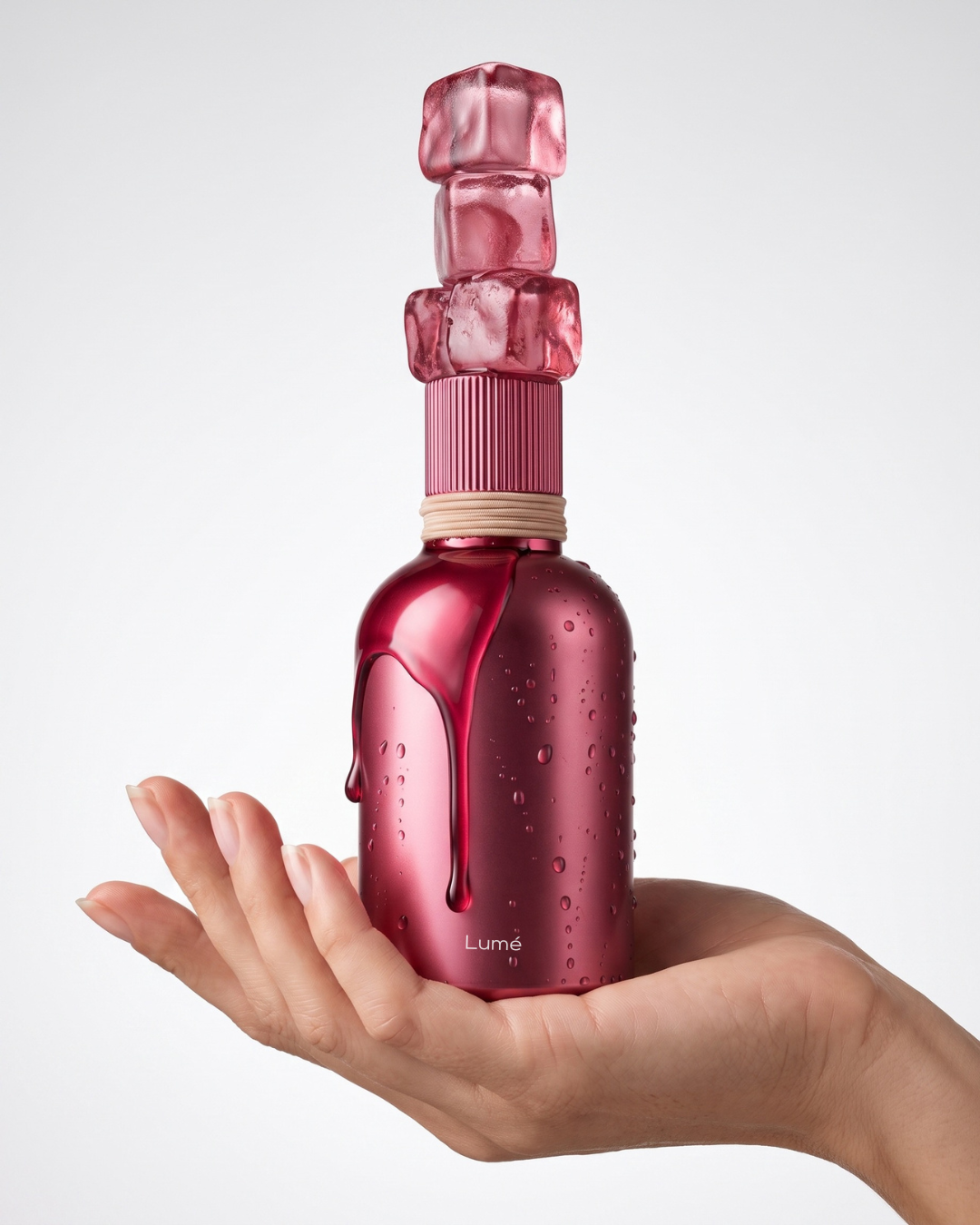 Lumé bottle with ice cubes and hand