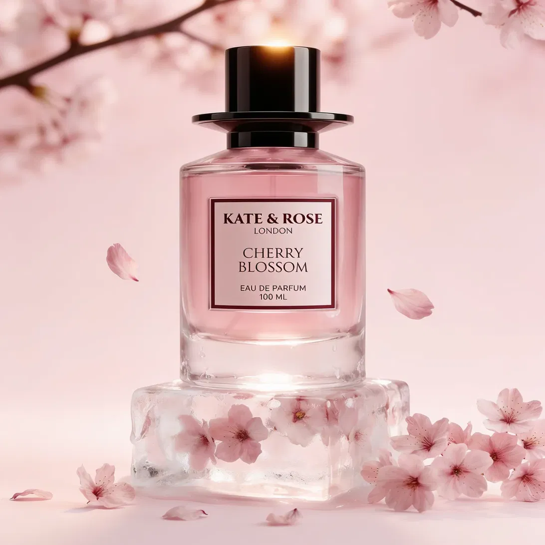 Kate & Rose Cherry Blossom parfumflacon op een ijsblok tussen bloesem