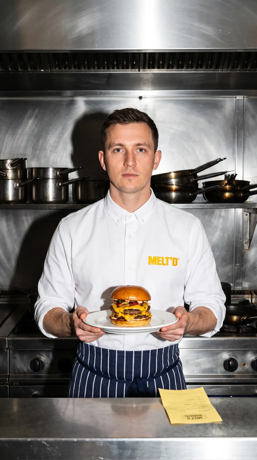 Chef van MELT'D in keuken met voltooide burger op een bord