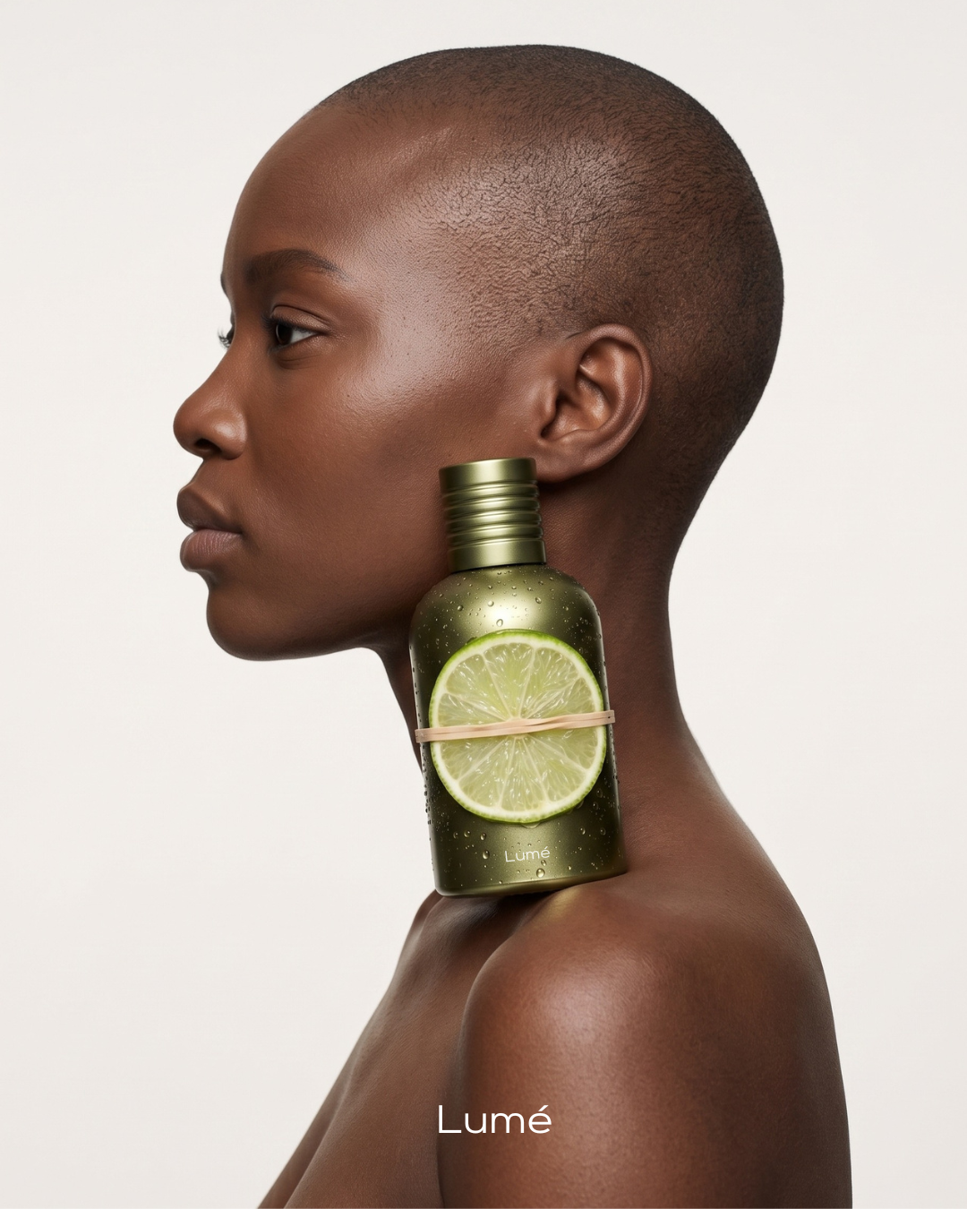 Vrouw met korte haar met Lumé groene fles op haar schouder