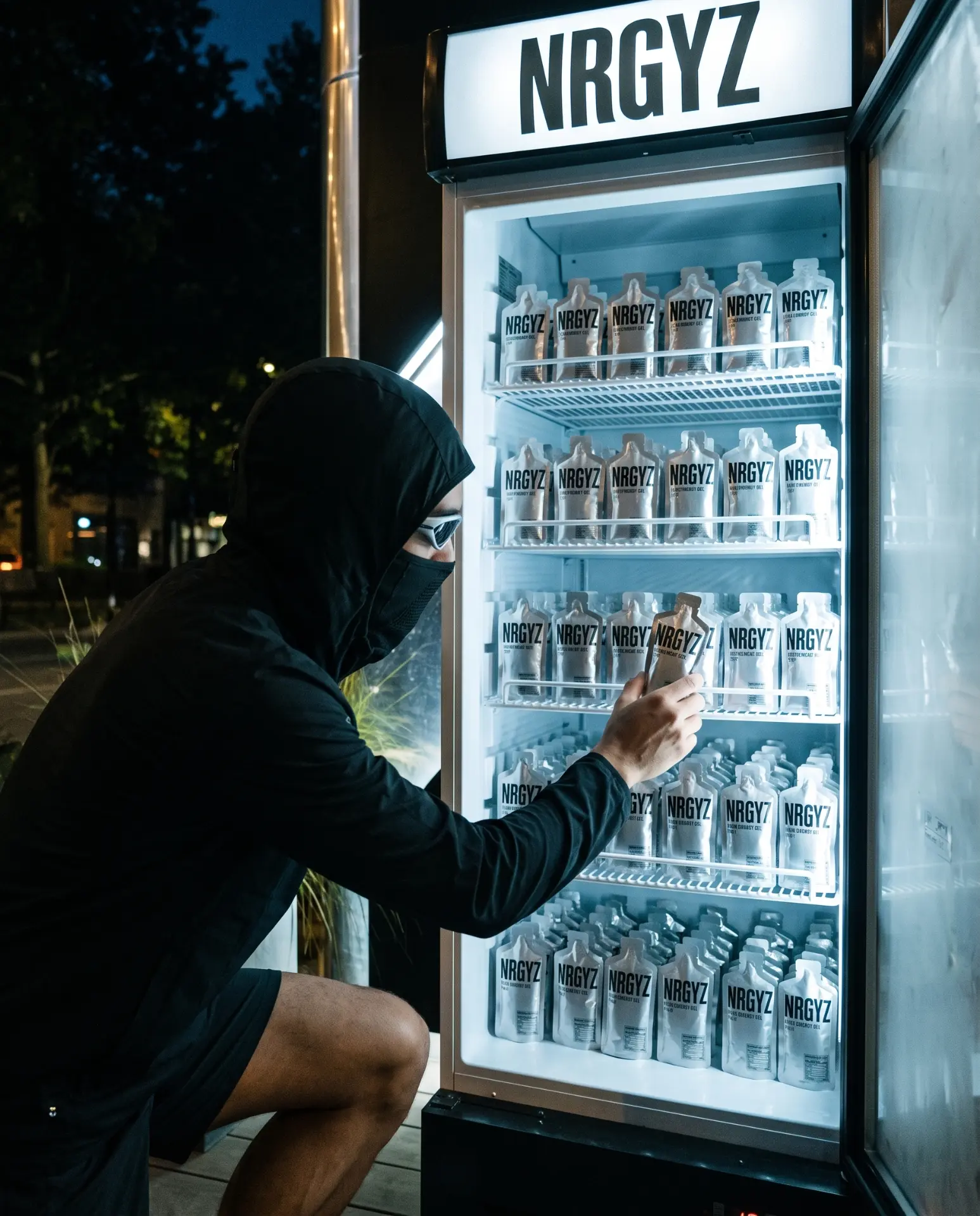 Gemaskerde figuur kiest een NRGYZ energy gel uit een verlichte koelkast