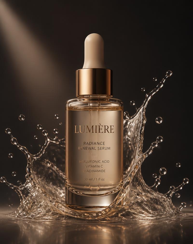 Luxe serumflacon met vloeistofsplash in zachte studiobelichting